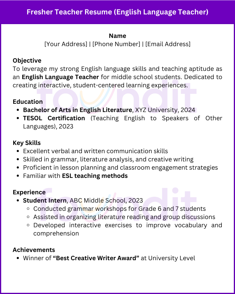 Sample fresher teacher resume for english language teacher