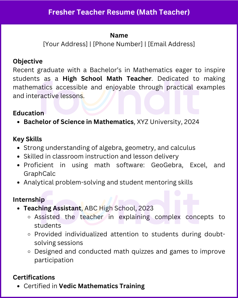 Sample fresher teacher resume for math teacher